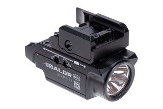 Olight Baldr Mini 600 Lumen Flashlight with Green Laser Sight features an adjustable rail for easy attachment.